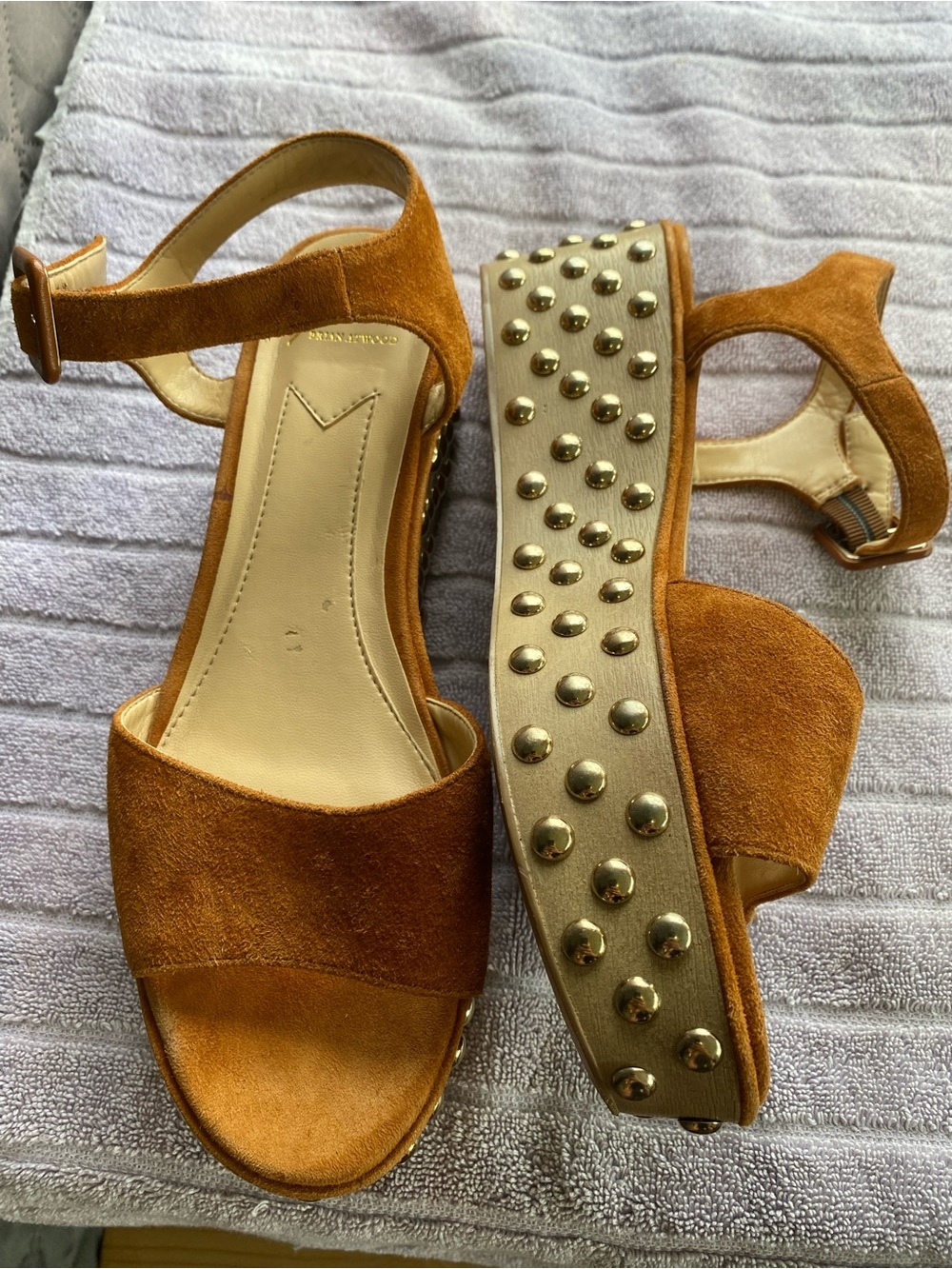 B Brian Atwood Franki Cognac Suede Studded Platform Wedge Sandals - Size 8